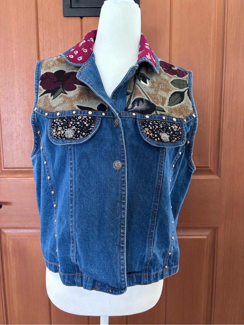 Shelly & Arnold Women's Denim Vest Floral Patchwork Studded Western Boho